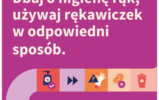 Plakat. Dbaj o higienę rąk, używaj rękawiczek w odpowiedni sposób. Piktogramy higieny rąk.