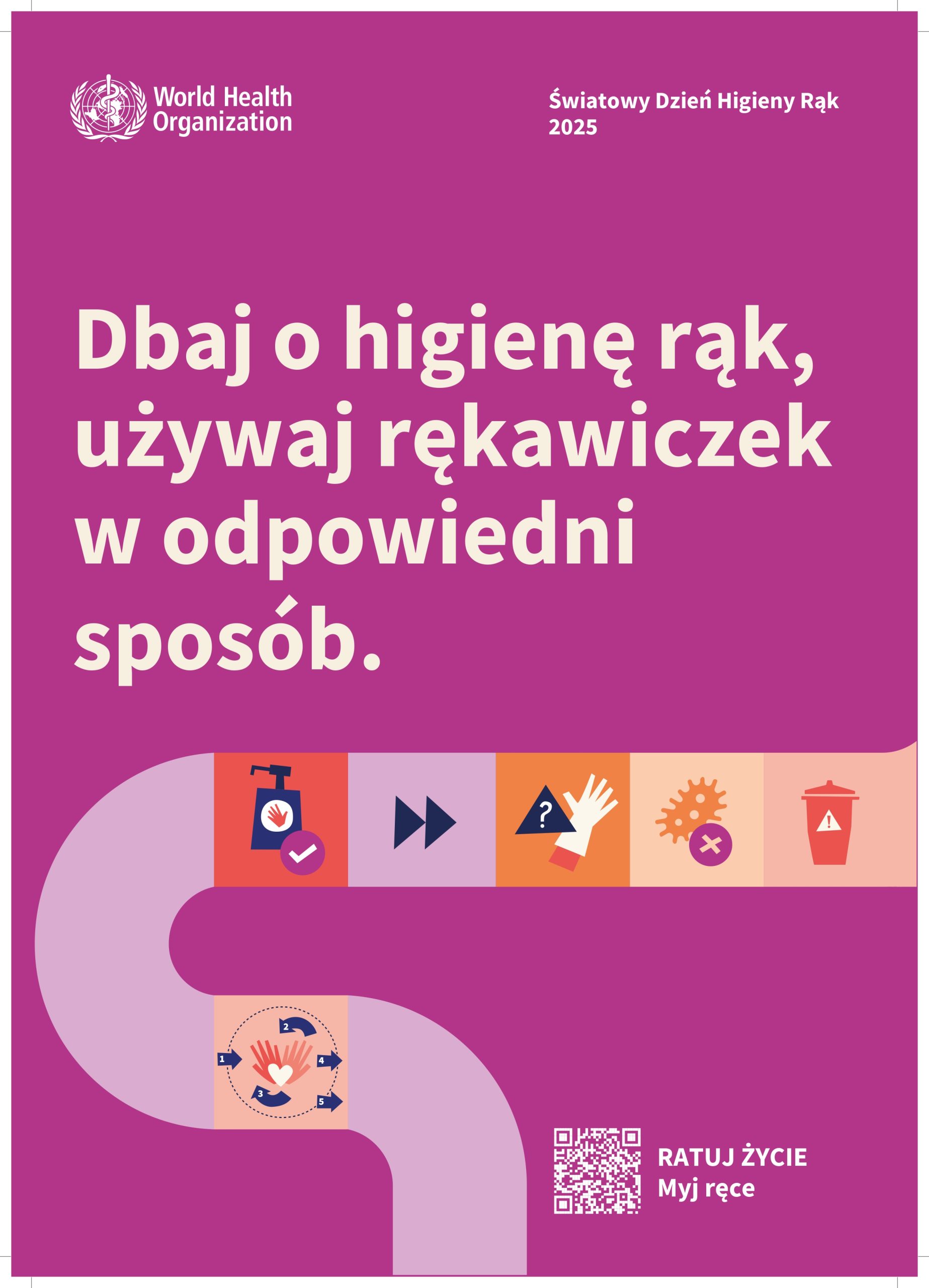 Plakat. Dbaj o higienę rąk, używaj rękawiczek w odpowiedni sposób. Piktogramy higieny rąk.