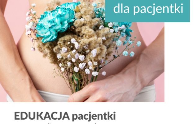Okładka poradnika dla pacjentek z rozpoznanym rakiem szyjki macicy. Sylwetka brzucha kobiety z bukietem kwiatów.