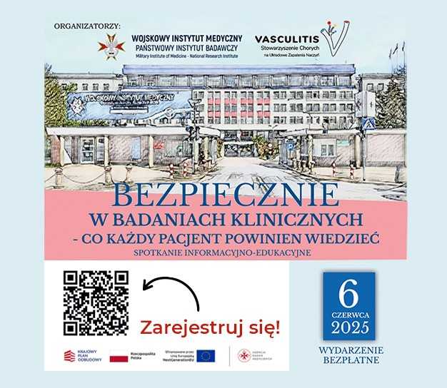 Infografika. Budynek wojskowego Instytutu Medycznego. Napis Bezpiecznie w badaniach klinicznych - co każdy pacjent powinien wiedzieć.