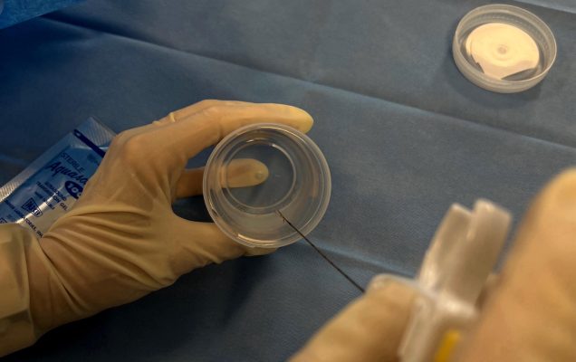 Osoba nosząca rękawiczki medyczne używa strzykawki do przebicia pokrywy małego przezroczystego pojemnika na niebieskim sterylnym obłożeniu, przygotowując się do procedury medycznej lub laboratoryjnej.