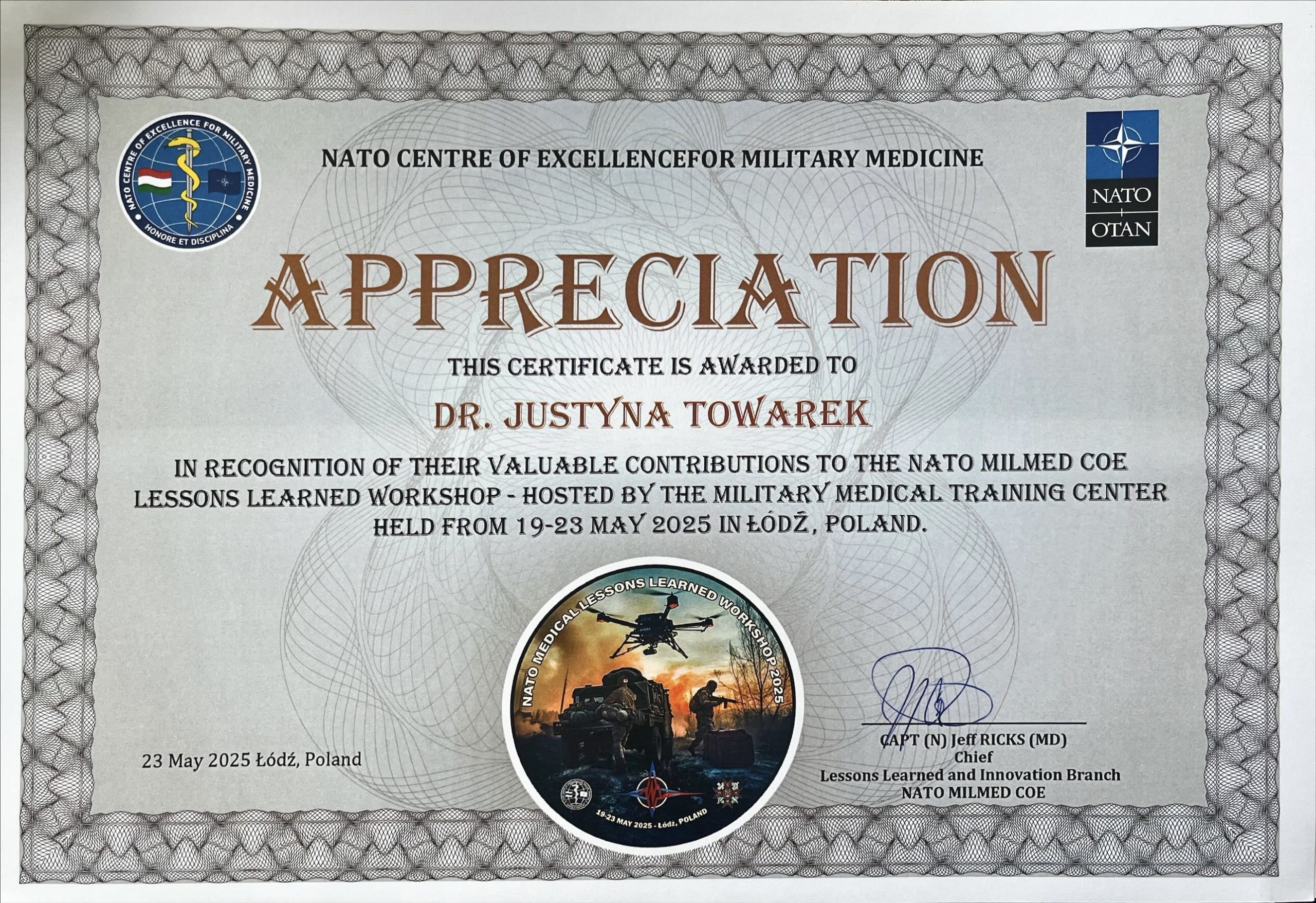 Dr n. med. Justyna Towarek na warsztatach NATO Medical Lessons Learned Workshop