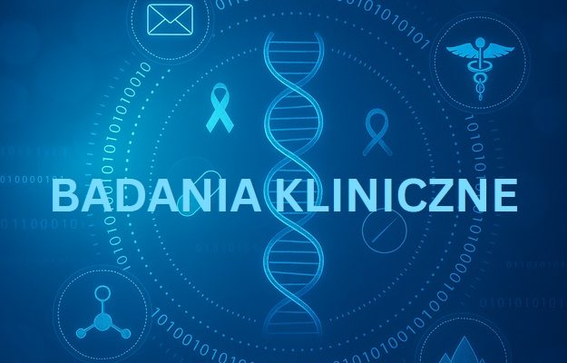 Grafika helisy DNA na granatowym tle. Napis Badania kliniczne.