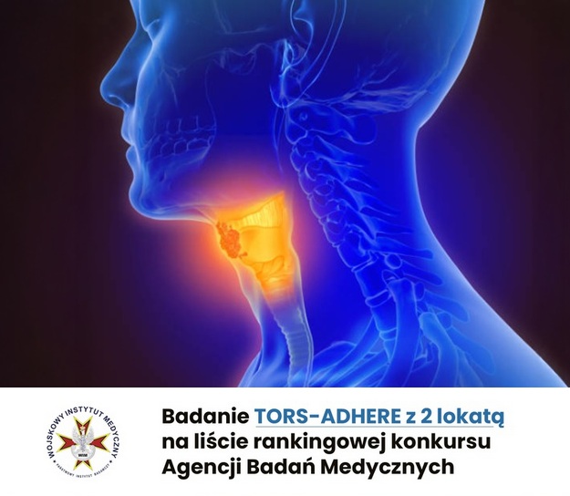 Plakat badań Tors. Grafika głowy ludzkiej z podświetloną częścią gardła.