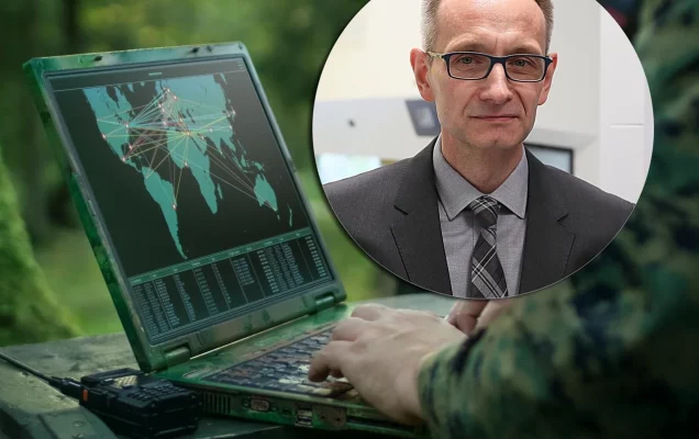 Ujęcei żołnierza przy wojskowym laptopie, w kółku zdjęcei grzegorza gieleraka dyrektora WIM.