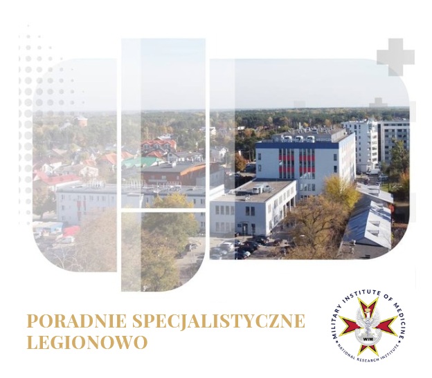 Kolaż budynków szpitala w legionowie. Napis Poradnie specjalistyczne Legionowo. Logo WIM w prawym dolnym rogu.