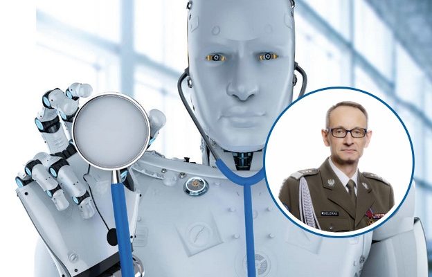 Grafika humanoidalnego robota trzymającego w reku stetoskop. W kółku Grzegorz Gielerak.