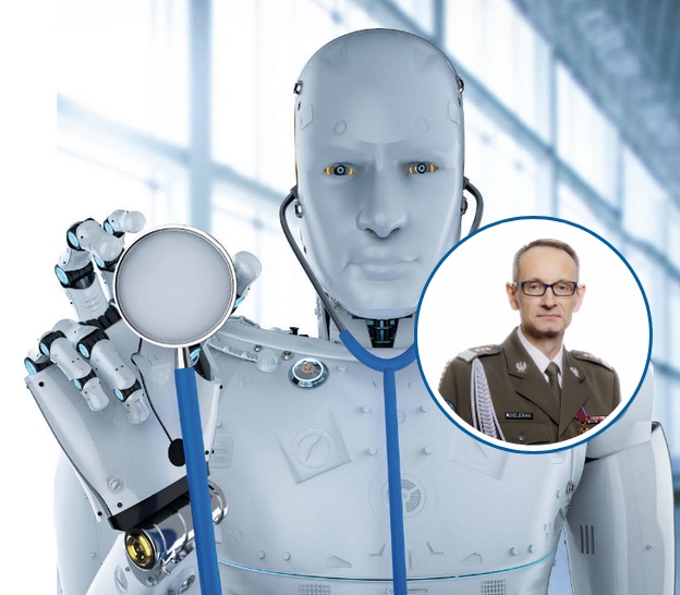 Grafika humanoidalnego robota trzymającego w reku stetoskop. W kółku Grzegorz Gielerak.