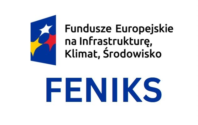 Napis FENIKS, Fundusze Europejskie na Infrastrukturę, Klimat, Środowisko. Logotyp FENIKS.