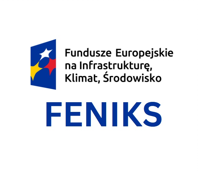 Napis FENIKS, Fundusze Europejskie na Infrastrukturę, Klimat, Środowisko. Logotyp FENIKS.