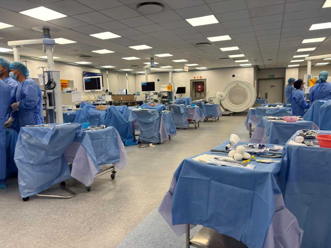 Lekarze podczas ćwiczeń chirurgicznych. Dwa rzędy stanowisk zabiegowych na dużej sali operacyjnej.