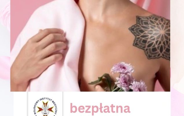 Ujęcie kobiety z tatuażem na lewym ramieniu z lekko odsłoniętą piersią. Napis bezpłatna mammografia, obok logo WIM.