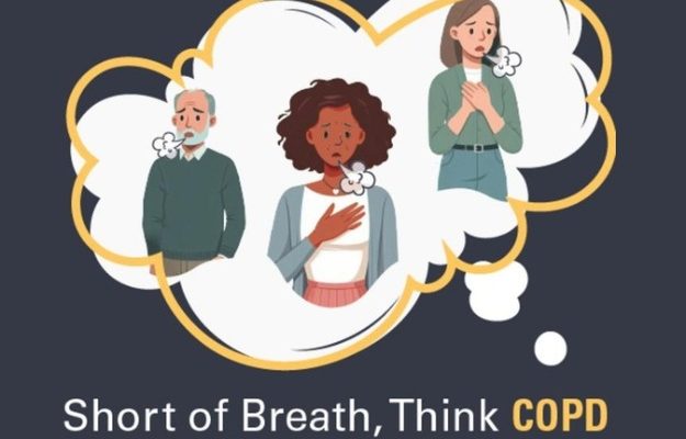 Plakat promujący Światowy Dzień świadomości POCHP. Infografika kaszlących osób, starszego mężczyzny, kobiety w średnim wieku i nastolatki.