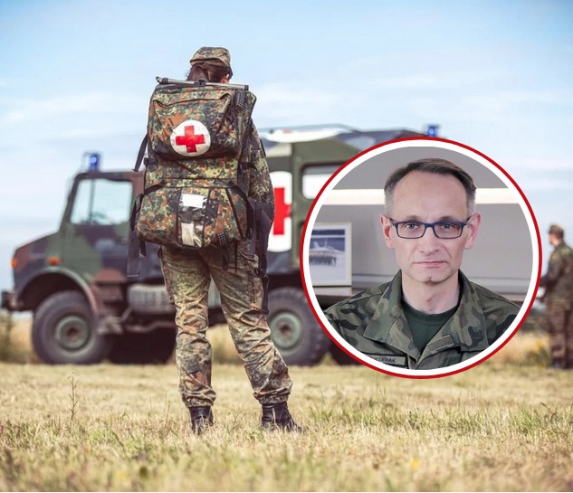 Żołnierz w stroju polowym przed nim ambulans ratowniczy. W kółku Grzegorz Gielerak.