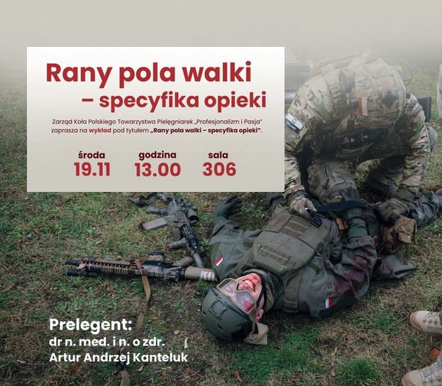 Plakat wykładu Rany pola walki. Żołnierz opatruje na polu walki leżącego rannego żołnierza.