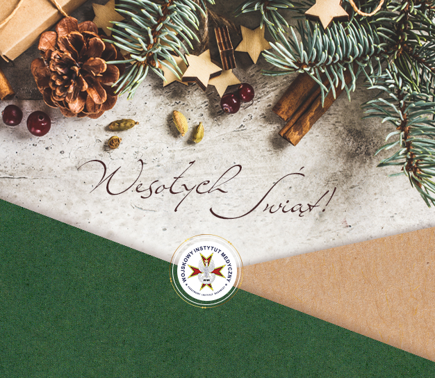 Świąteczne ozdoby, napis Wesołych świat. Pod napisem logo WIM-PIB.