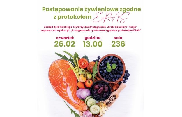 Plakat zaproszenia na wykład. Serce ułożone z produktów spożywczych.