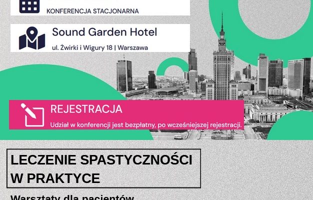 Plakat Leczenie spastyczności w praktyce. Grafika panoramy Warszawy z Pałacem Kultury. Napis: 6 marca 2026, Sound Garden Hotel..