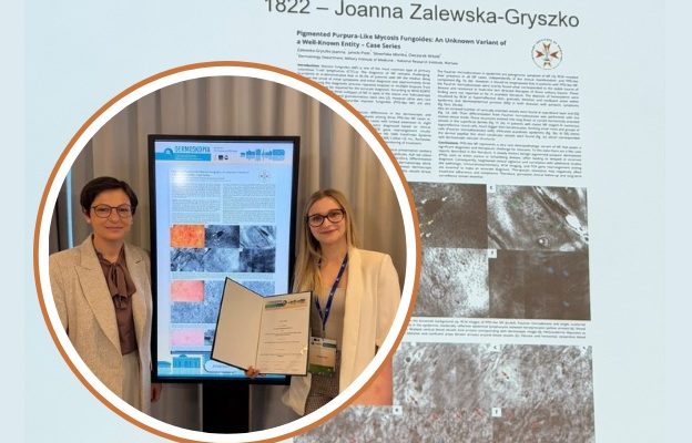 Fragment prezentacji plakatu konkursowego. W kółku zespół pracowników z dyplomem.