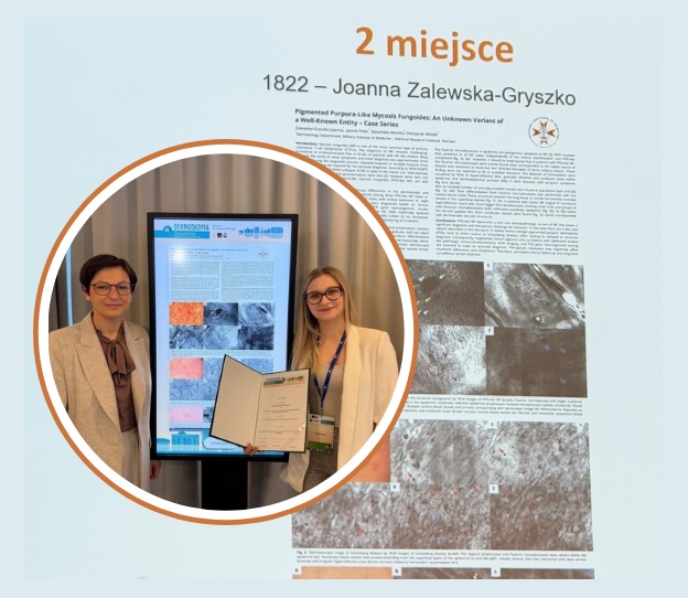 Fragment prezentacji plakatu konkursowego. W kółku zespół pracowników z dyplomem.