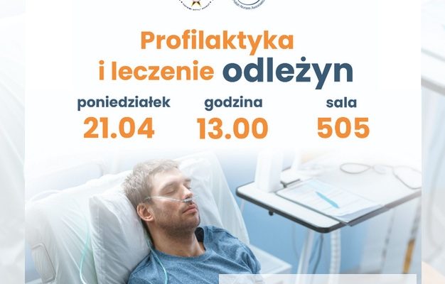 Plakat wykładu: Leżący w łóżku szpitalnym mężczyzna z podłączoną rurką tlenową.