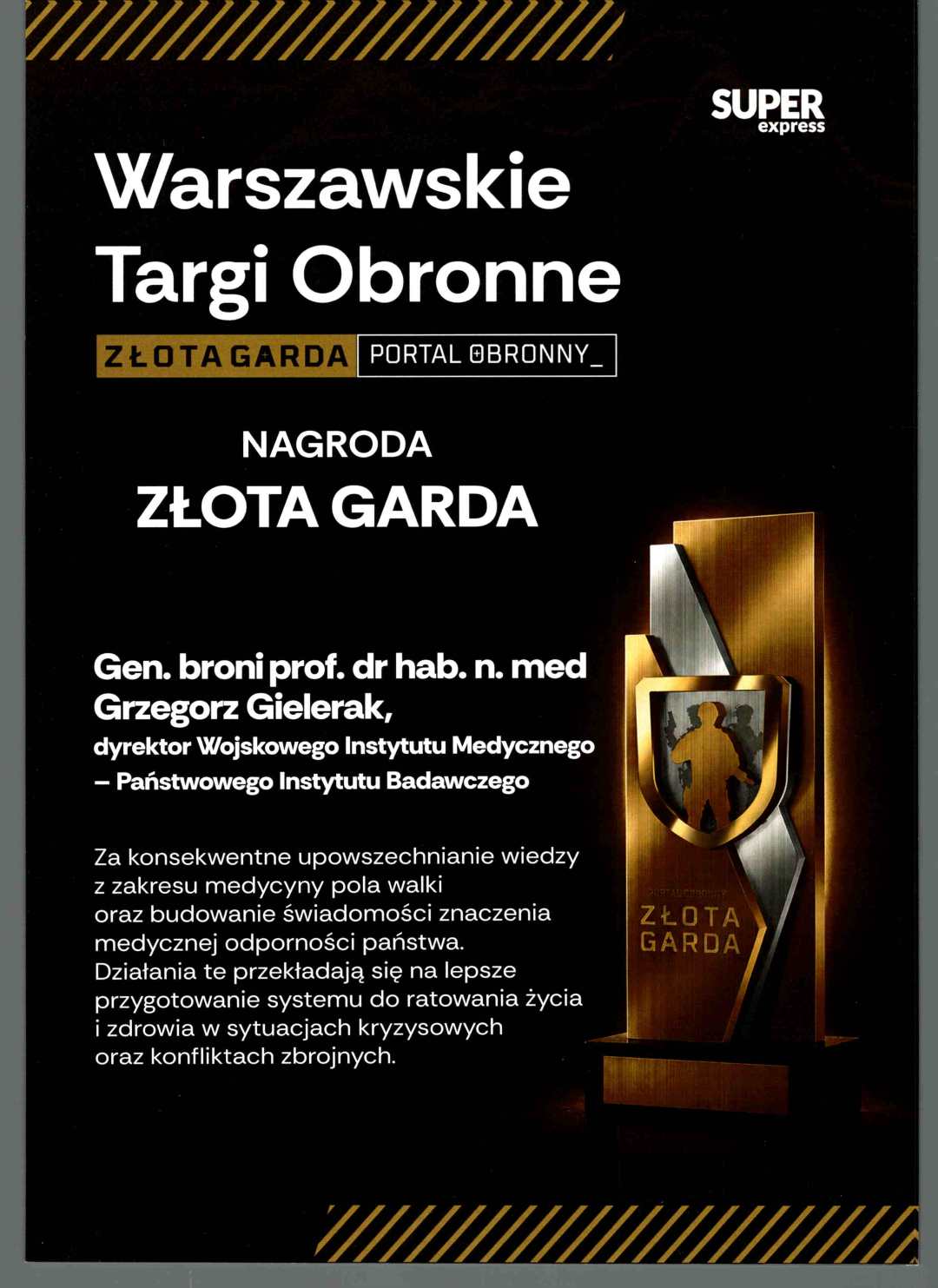 Dyplom złote gardy dla dyrektora WIM-PIB