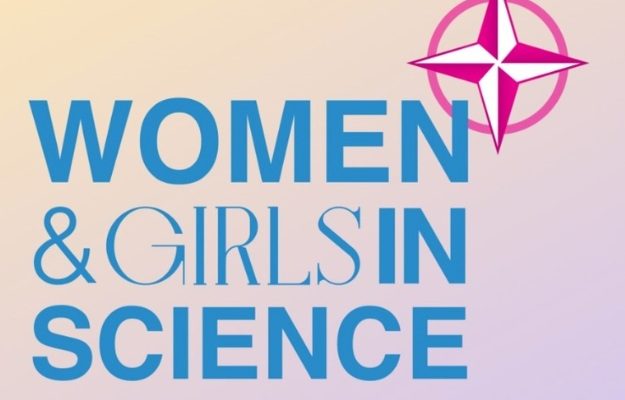 Plakat wydarzenia: WIM‑PIB w roli jurora w finale NATO Women and girls in science i logotyp NATO.